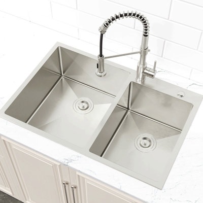 33"X19" Embedded Double Bowl Kitchen Sink, Handmade Sink In Brushed (Sink Only)