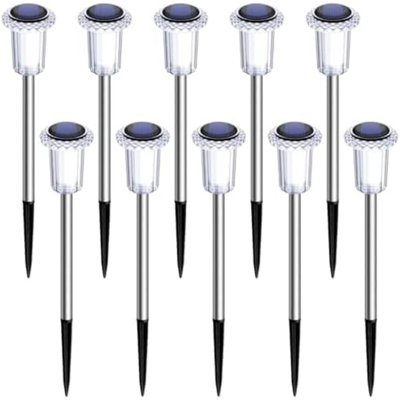 Solar Lights Outdoor 10 Pack Waterproof Solar Christmas Lights Outdoor 6000K Cold White LED Stainless Steel Stake For Pathway Yard Garden Driveway Outside Décor