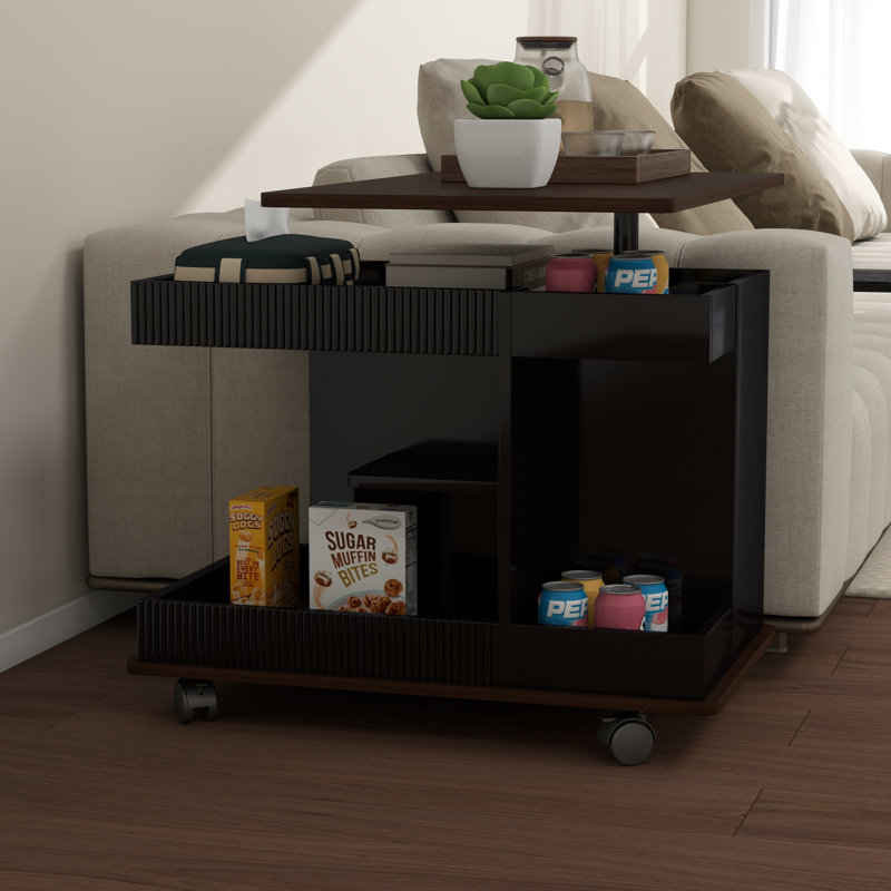 Adjustable End Table With Wheels,Modern Side Table With 360°Rotating Top And Storage Space, Black