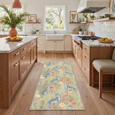 Tapis d'intérieur bleu / vert lavable à la machine avec envers antidérapant Abraham Verdure