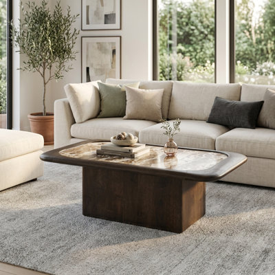 Contemporary Rectangular Marble Top Coffee Table for Family or Living Room - Modern Mango Wood Small Table for Office - 43", Brown & Tan