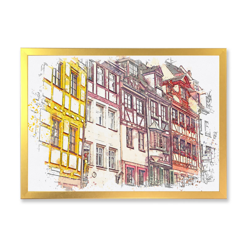 Traditional German Architecture Cityview - peinture sur toile, Cadre doré, H 16 po x l 32 po x P 1 po