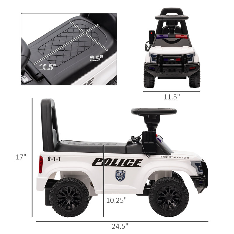 White Police Ride-On Truck with Megaphone and Storage
