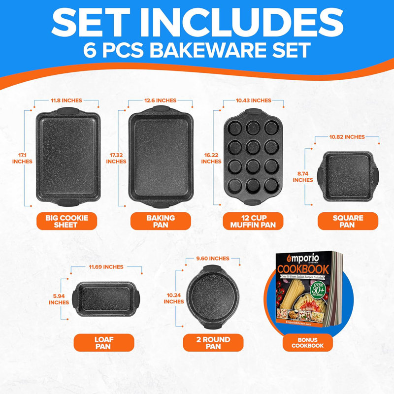 Baking Pan Set - Nonstick Coating, Carbon Steel Bakeware Sets With Gray Silicone Handles, Pfoa, Pfos, Ptfe Free, Recipe Booklet Included, Oven Safe Tray (up To 450° F), Set Of 6 - Gray