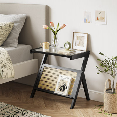 Rattan Side Table with Bamboo Frame and Tempered Glass Top, Accent Bedside Table with Open Shelf, Black