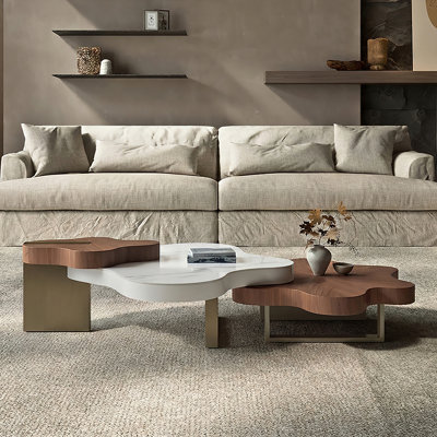 Luxury Cloud-Shaped 3-Piece Nesting Coffee Table Set, Sintered Stone & Walnut Top, Antique Bronze Metal Legs, Modern Artistic Living Room Center Table