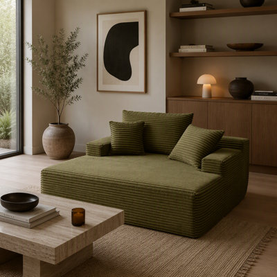 Chaise longue d'intérieur de 56 po, chaise longue surdimensionnée avec 3 coussins confortables pour salon et chambre, accoudoirs larges, tissu en velours côtelé, mousse haute densité, aucun assemblage requis (vert)
