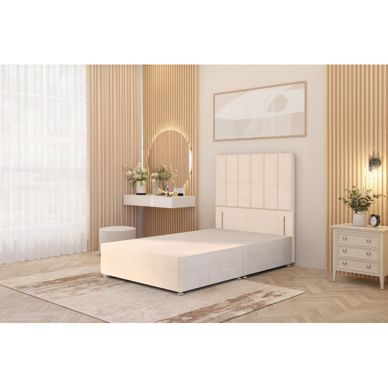 Asterin Divan Bed Base with 54" Floor Standing Headboard Plush Velvet, Small Single (2'6), No Drawers, Ivory