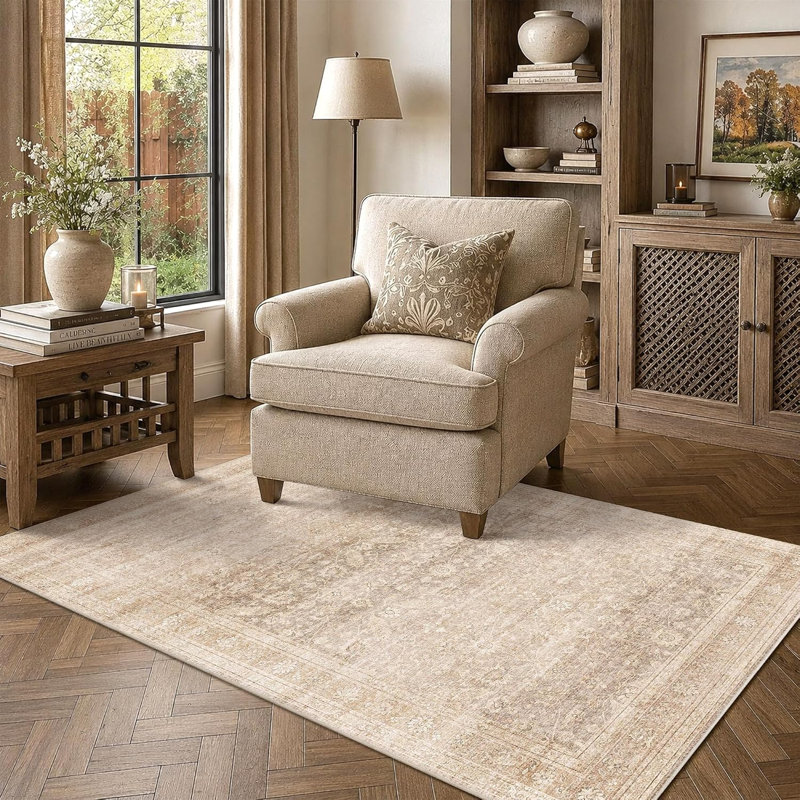 Tapis vintage lavable - Tapis à poils courts doux et antidérapant, Beige, Rectangle 3' x 5'
