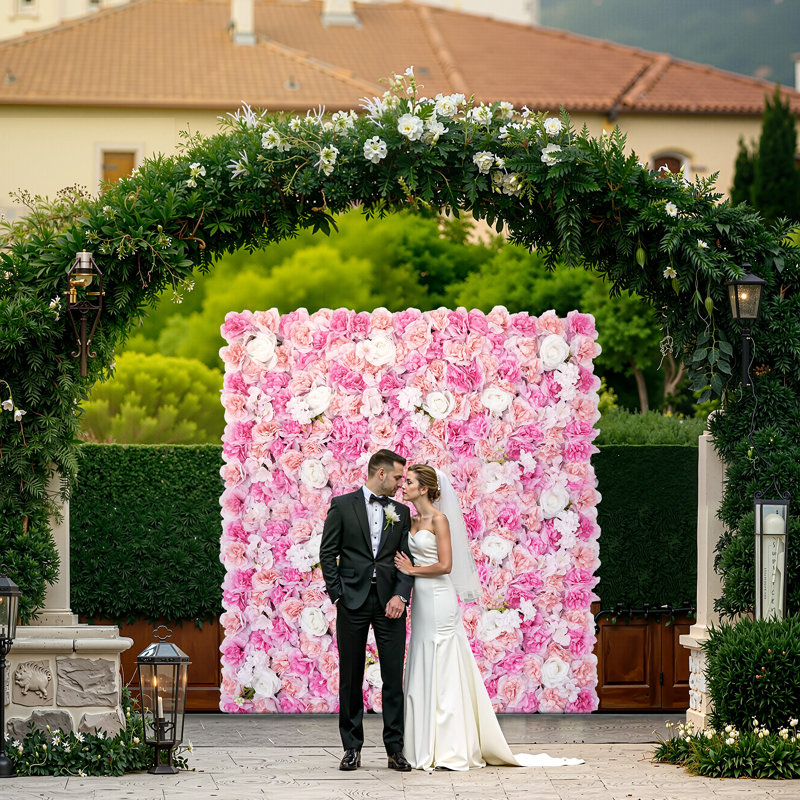 Panneau de fleurs 3D artificiel pour fond de mariage, Toile de fond rose, Ensemble de 12 pièces