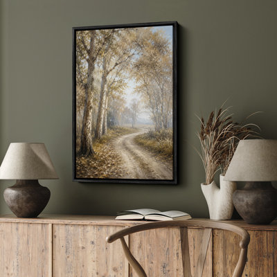 «Quiet Woodland Road Autumn Forest Landscape Farmhouse Decor», reproduction d'art encadrée