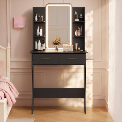 Coiffeuse de maquillage avec miroir lumineux à DEL et prise de courant et coiffeuse 2 tiroirs