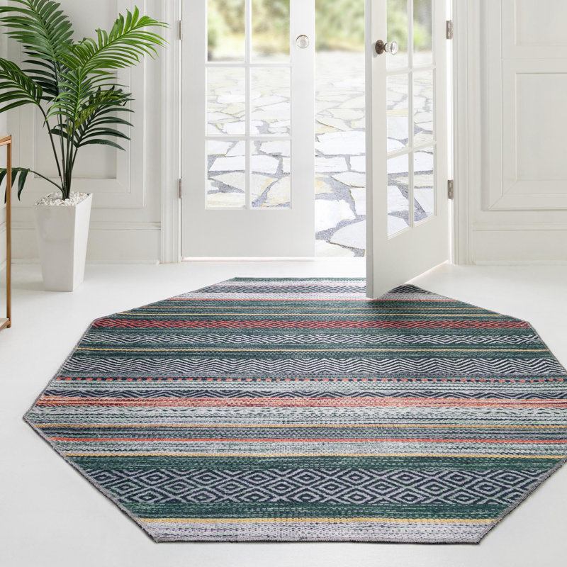 Tapis contemporain Abidur vert-ivoire, Octogone 7 pi 10 po