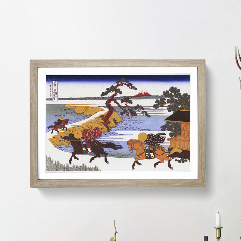 Horses in the Village of Sekiya by Katsushika Hokusai - Picture Frame Painting Print, 48cm H x 65cm W x 2cm D, Oak Framed