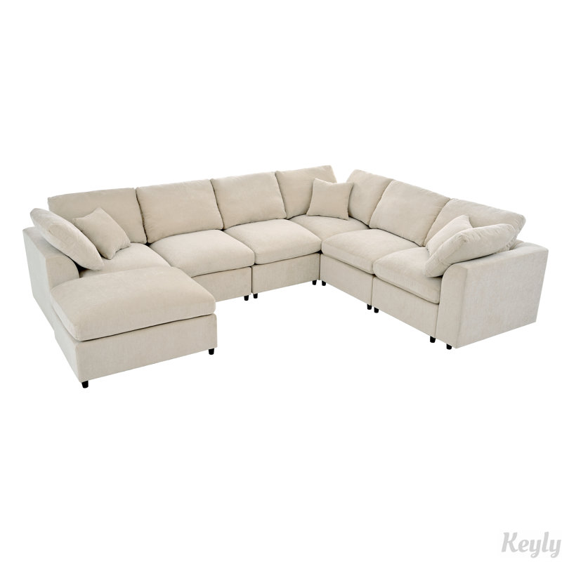 124.8" Extra Large Sectional Sofa with Movable Ottoman, Beige