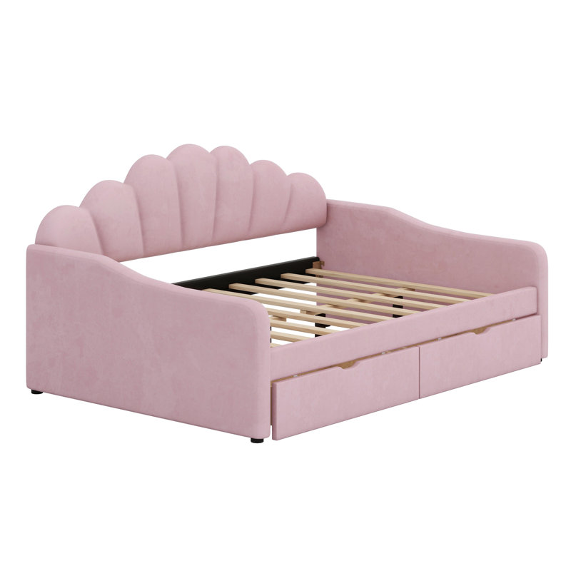 Stylish Daybed Featuring Curved Shell Backrest And Integrated Storage Drawers, Pink