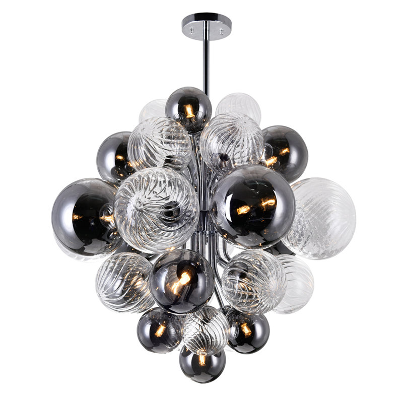 15 Light 25-inch Diameter Modern Chrome Chandelier with Tinted Glass Globes – Stylish LED Pendant Lighting Fixture