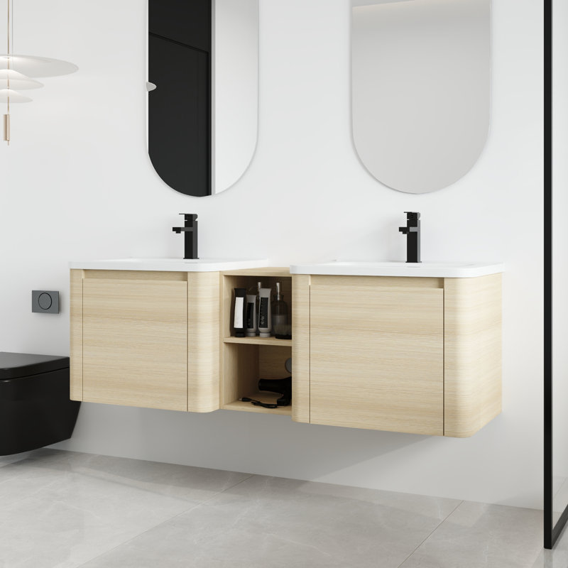 Narnby 60'' Wall-Mounted Double Bathroom Vanity With Ceramic Top, White Oak, 60"