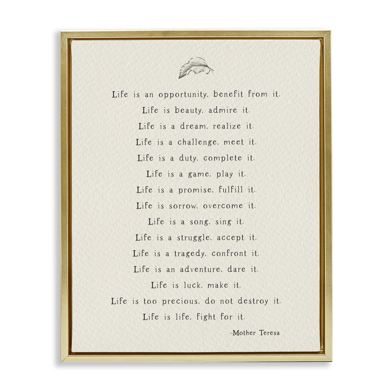 Citation inspirante de Mère Thérésa spirituelle, Cadre flottant métallique doré, H 21 po x l 17 po