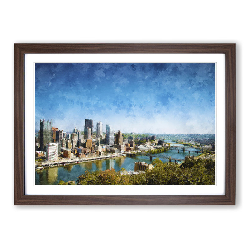 Skyline of Pittsburgh Pennsylvania - Picture Frame Painting Print, 24cm H x 33cm W x 2cm D, Walnut Framed