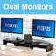 FITUEYES Support pour écran double avec tablette pivotante réglable en bois pour ordinateur portable et bureau à domicile