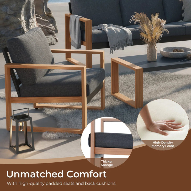 Arunas 6-piece Outdoor Conversation Furniture Set Seating Group with Wood Pattern and Cushions