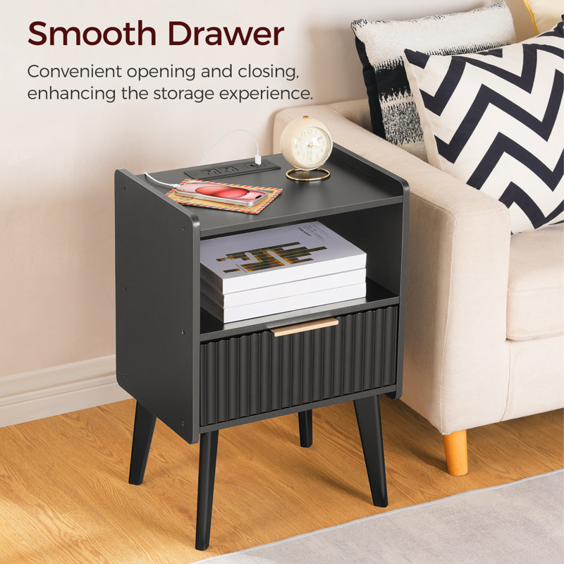 23.4"NightStand with Charging Station, Fluted Bedside Table Furniture, Matte Black