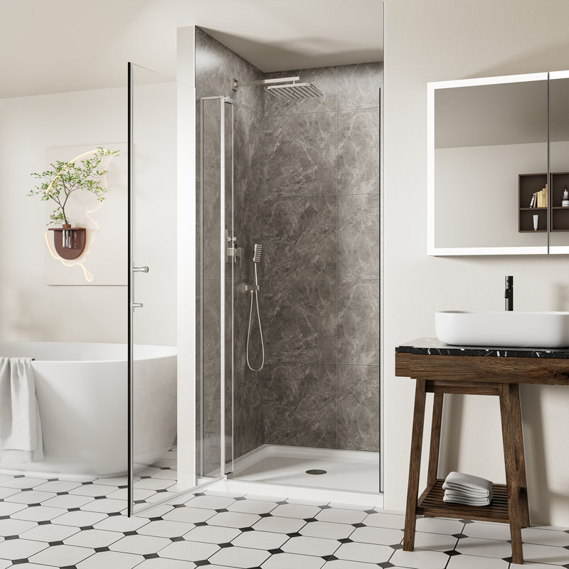 32-36" W x 72" H Frameless Pivot Shower Glass Door with 1/4" and 5/16" Tempered Glass, Swing Shower Doors with 105° Anti-Collision Stop, Chrome Finish, Reversible Installation