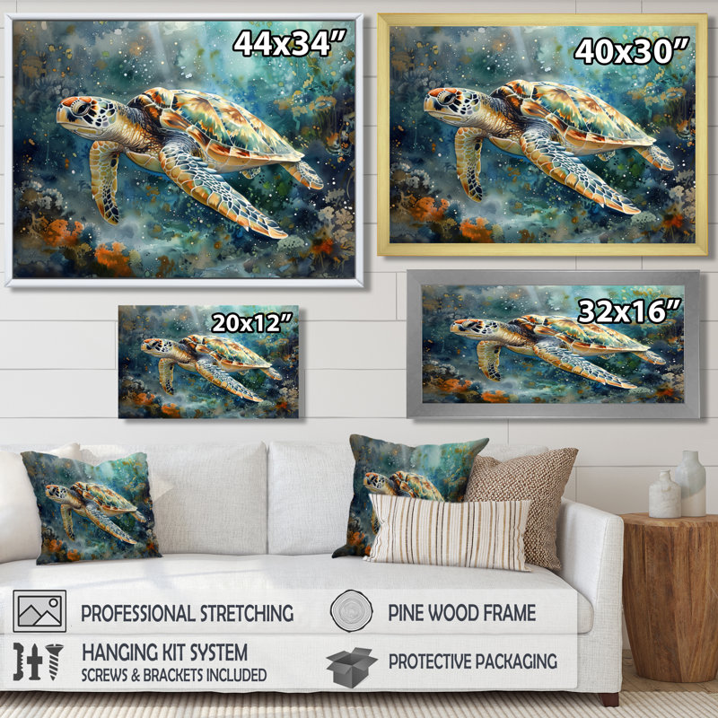 «Sea Turtle Journey II», art mural grand créatures marines, Toile avec cadre flottant brun, H 12 po x l 20 po x P 1 po