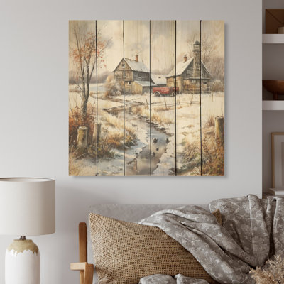 «Countryside Winter Farm Fusion - Art mural en bois de ferme sur bois de pin naturel