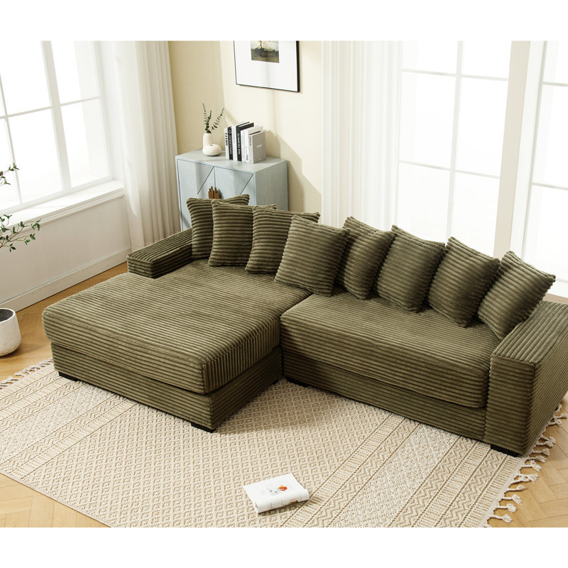 Élégant canapé modulaire en velours côtelé avec méridienne gauche et 8 coussins décoratifs, Vert, Face à la gauche