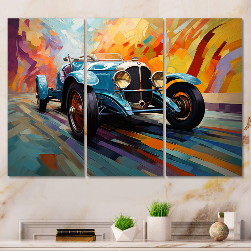 Bleu et jaune, course rétro II - art mural de course, H 32 po x l 48 po