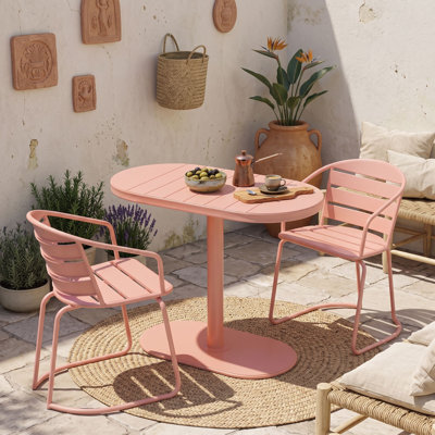 Ensemble bistro 3 pièces en fer avec table ovale et deux chaises à lattes pour le jardin ou le balcon