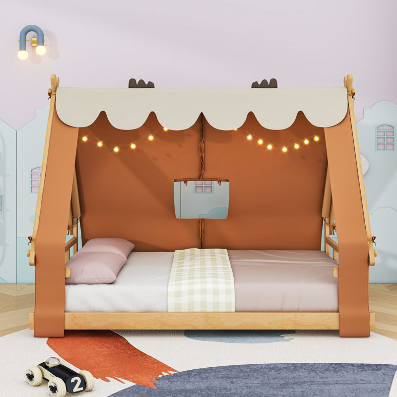 Wood House-Shaped Bed With Tent And Light, Full, Brown