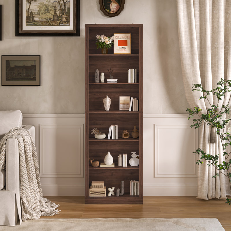 6-Tier Fixed Shelf Bookcase, 75" Tall Heavy-Duty Storage with Tip-Resistant Design, Walnut