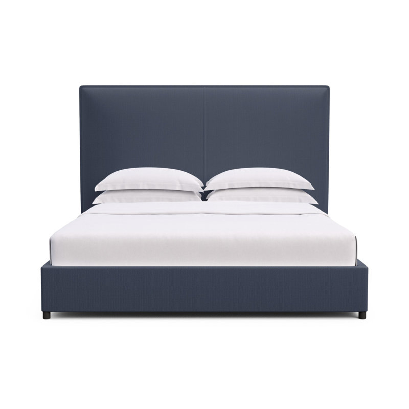 Mansfield Upholstered Bed, Full, Box Weave Linen Blue Print, Dark Brown