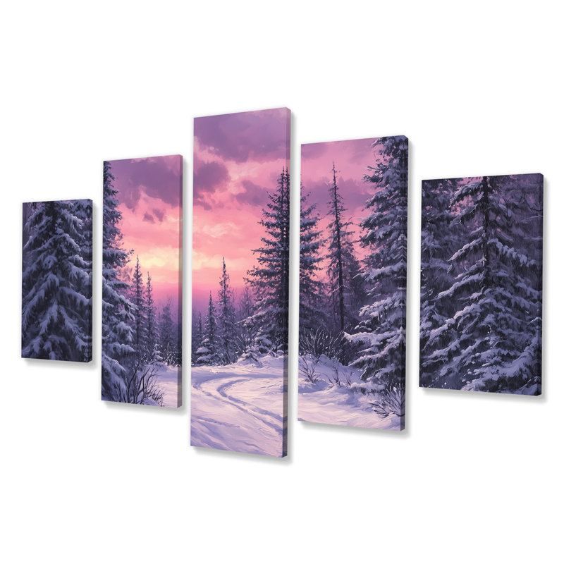 Art mural forêt de montagne, toile de pin d'hiver, pin enneigé au crépuscule, 5 pièces