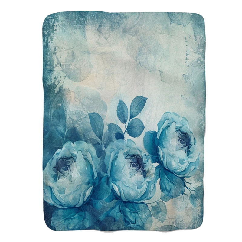 Roses rétro bleues - couverture Sherpa de qualité supérieure 1 pièce, Grand lit