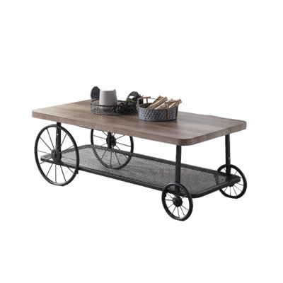 Francie Rustic Industrial Coffee Table with Oak & Antique Gray Finish - Wood & Metal Construction with Diamond-Shaped Storage Shelf and Rolling Wheels