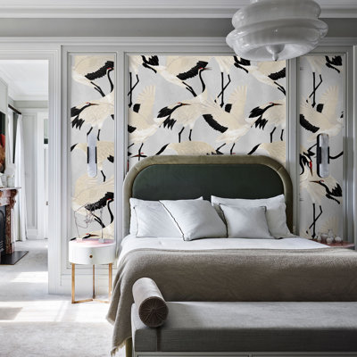 Grey Herons Chinoiserie Wallpaper Black and White