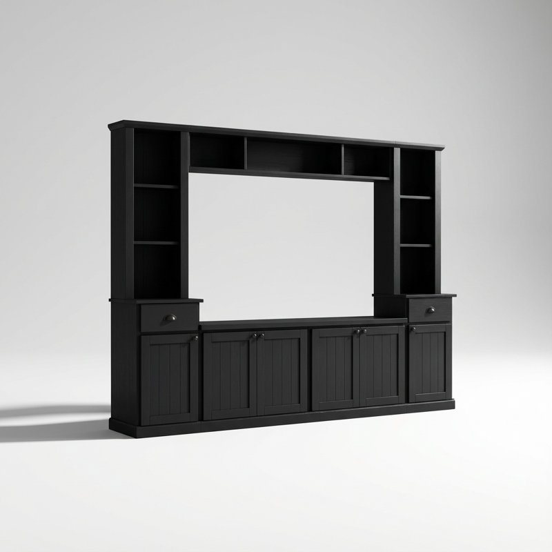Système de divertissement mural modulaire contemporain avec pont de rangement compatible avec les grands téléviseurs à écran plat, avec tablettes réglables et plusieurs armoires de rangement pour un décor de salon moderne
