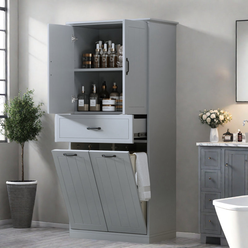 Bathroom Storage Cabinet With Two Laundry Baskets, A Cabinet With 1 Adjustable Shelf And 1 Drawer, Gray