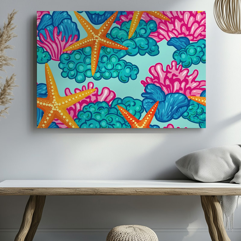Toile d'un motif de textile vibrant avec un thème sous-marin animé mettant en vedette une grande étoile de mer stylisée en orange vif et toile
