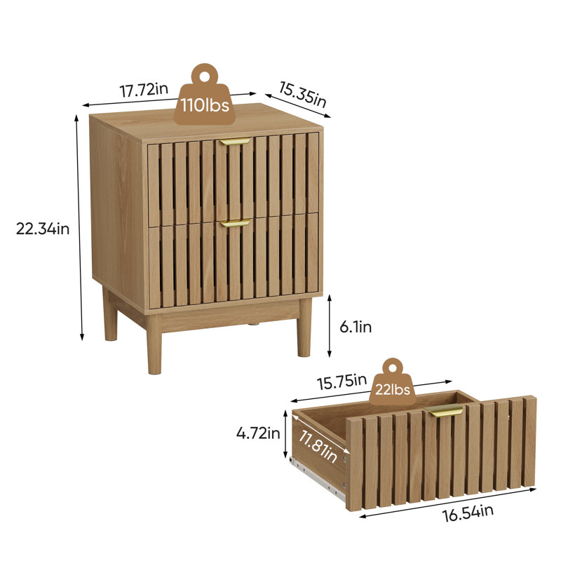 Ensemble de table de chevet 2 pièces avec grille moderne, rangement en bois massif, finition chêne