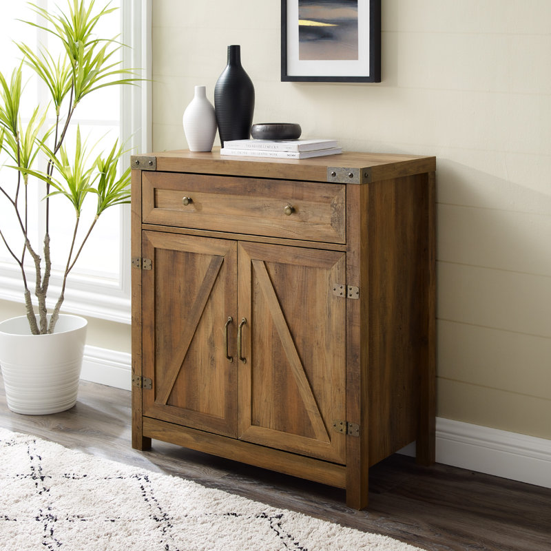Marckson Barn Door Accent Cabinet with Drawer Storage, Rustic Oak