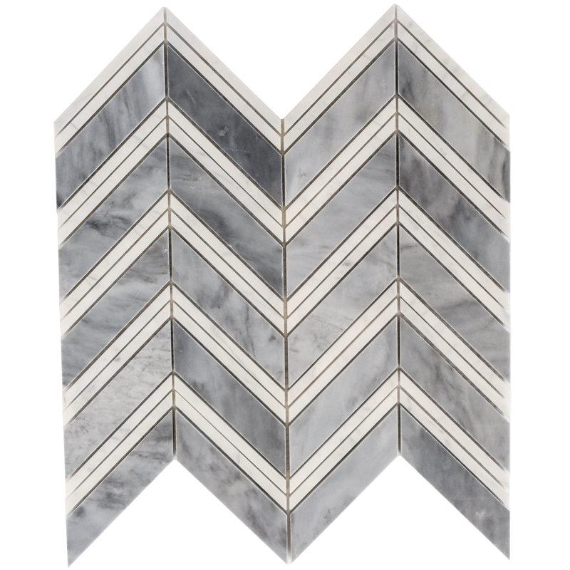11 x 11.8 Bardiglio Nuvolato, Bianco Carrara Herringbone Polished Marble Tile, Gray
