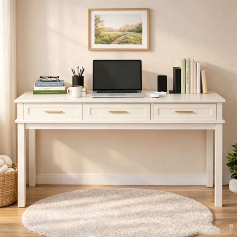 Bureau de coiffeuse à 3 tiroirs crème blanc, table de maquillage et d'écriture polyvalente pour la chambre à coucher, miroir non inclus