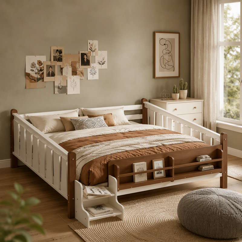 Lit dans la chambre à coucher avec rangement, lit en bois avec escalier et garde-corps