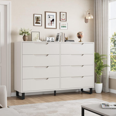 Extra-Wide 8-Drawer Storage Wall, 55-Inch White Freestanding Horizontal Unit, Maximum Capacity Cabinet for Living Room, Hallway or Entry System