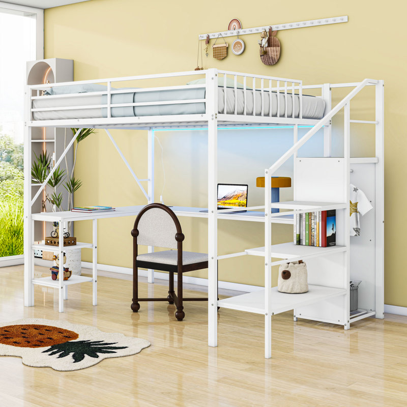 Lit mezzanine double avec garde-robe, bureau, USB et lumière DEL